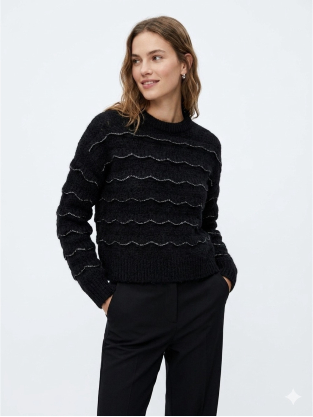 Zara Knit Women’s Tiered Ruffle Metallic Trim Cable Jumper Sweater Small - 676